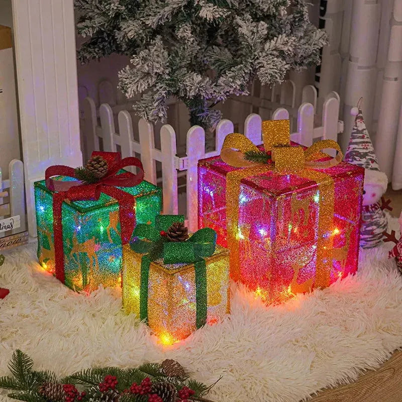 Caixa de Presente Iluminada com Laço para Decoração Natalina - Zinova