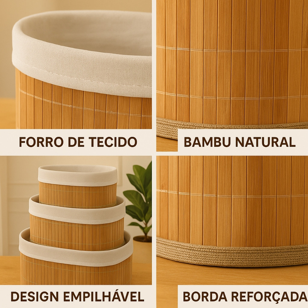 Kit Com 3 Cestos de Bambu Organizador - Simpla